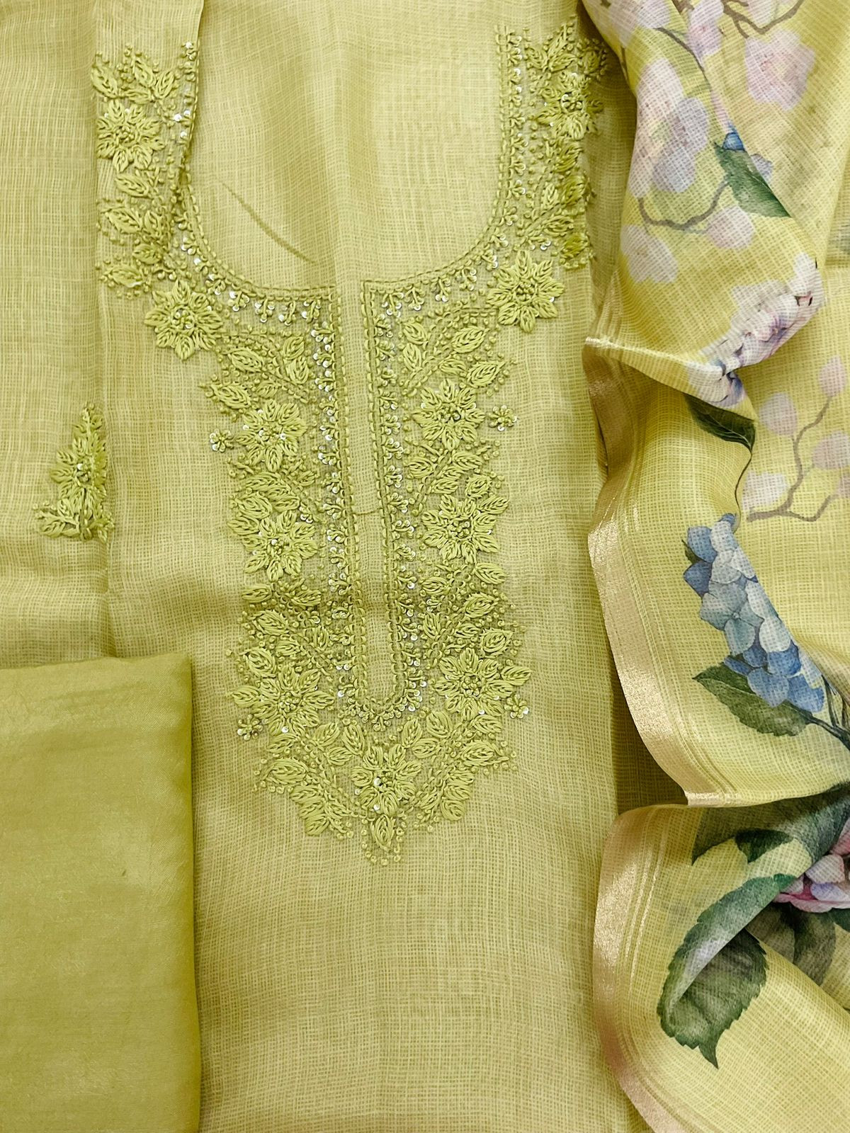 Soft Kota Silk Printed Embroidered Suit - Yellowish Green