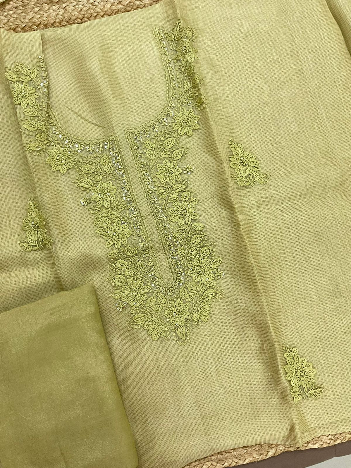 Soft Kota Silk Printed Embroidered Suit - Yellowish Green