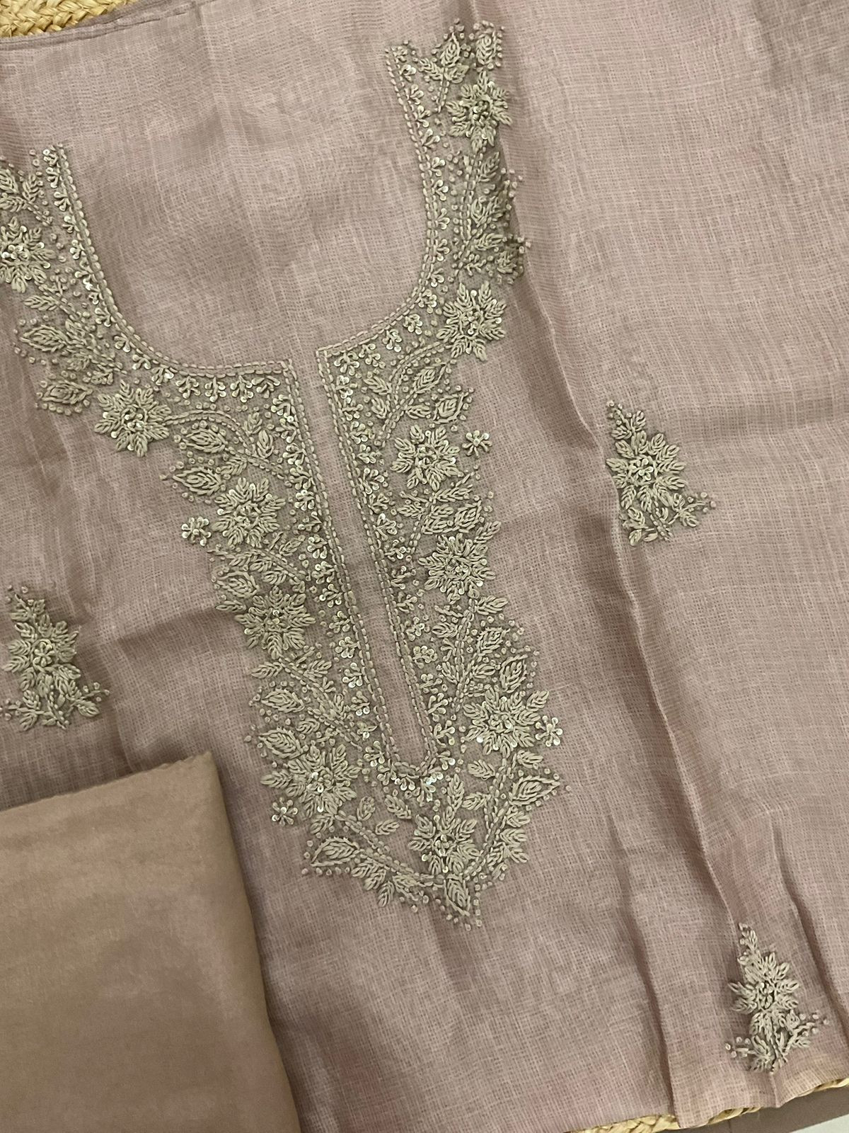 Soft Kota Silk Printed Embroidered Suit - Brown
