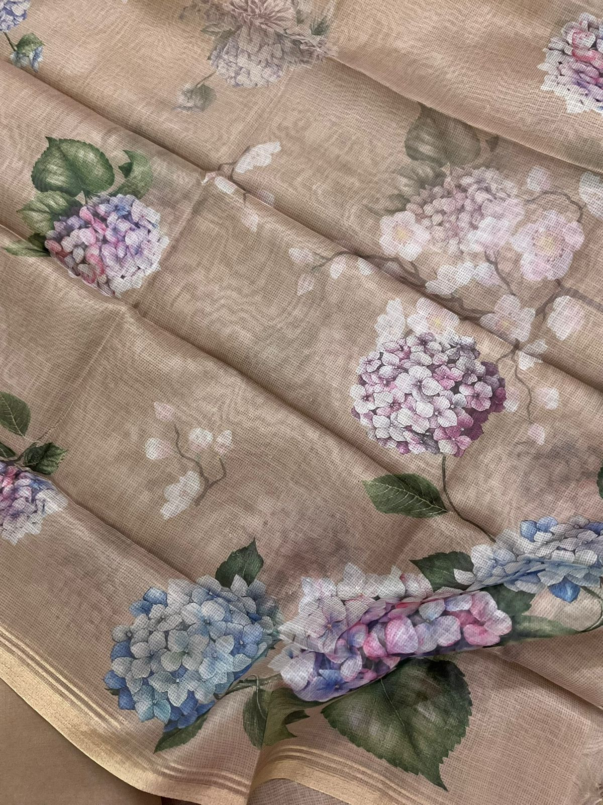 Soft Kota Silk Printed Embroidered Suit - Brown