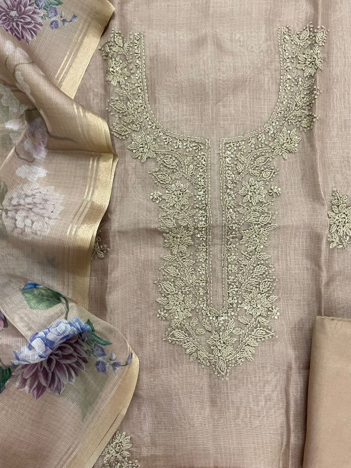 Soft Kota Silk Printed Embroidered Suit - Brown