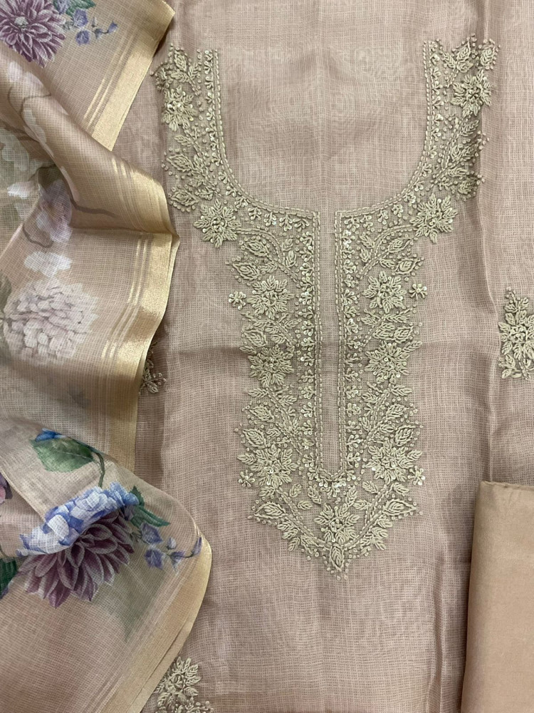 Image of Soft Kota Silk Printed Embroidered Suit - Brown