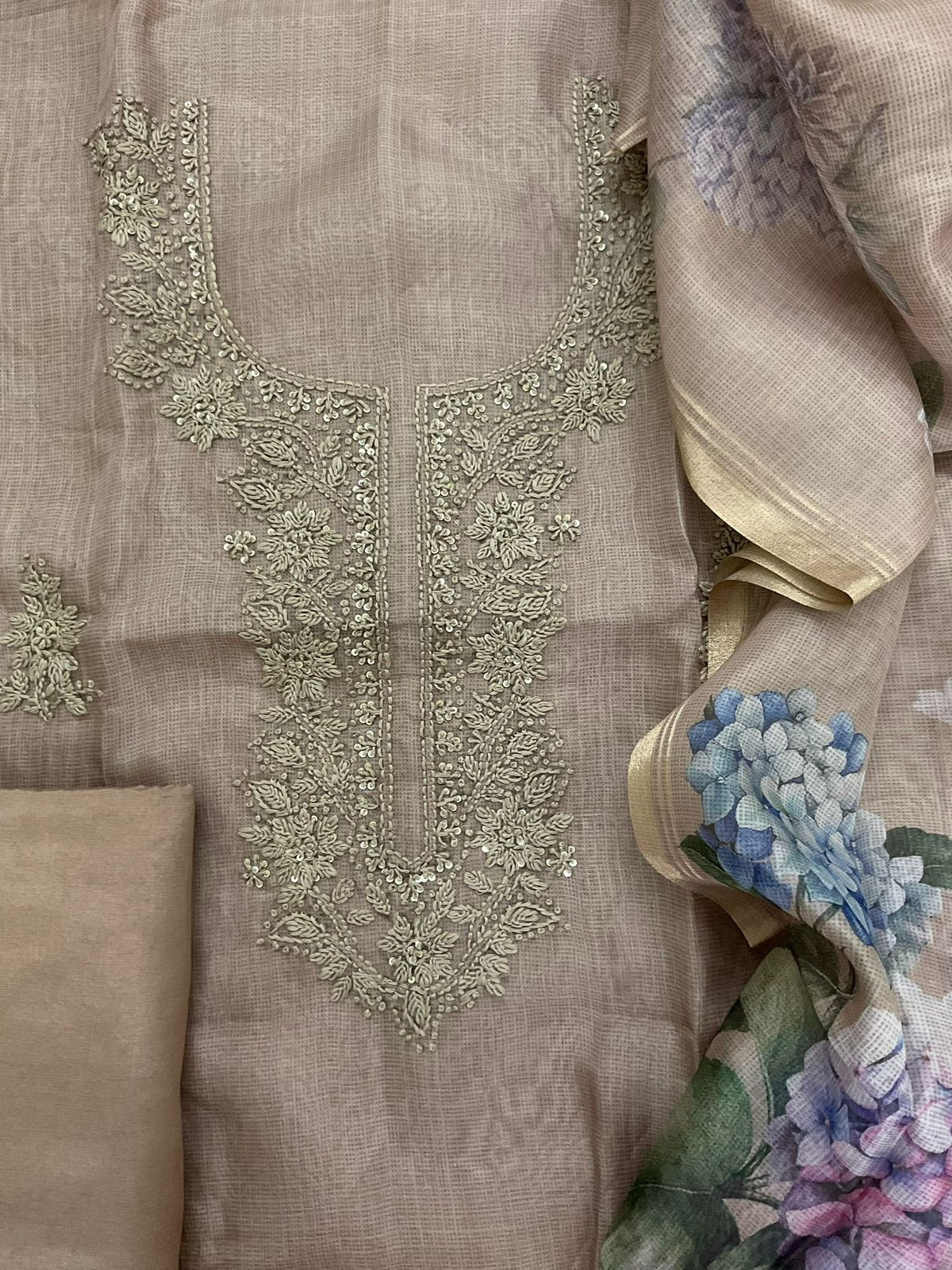 Soft Kota Silk Printed Embroidered Suit - Brown