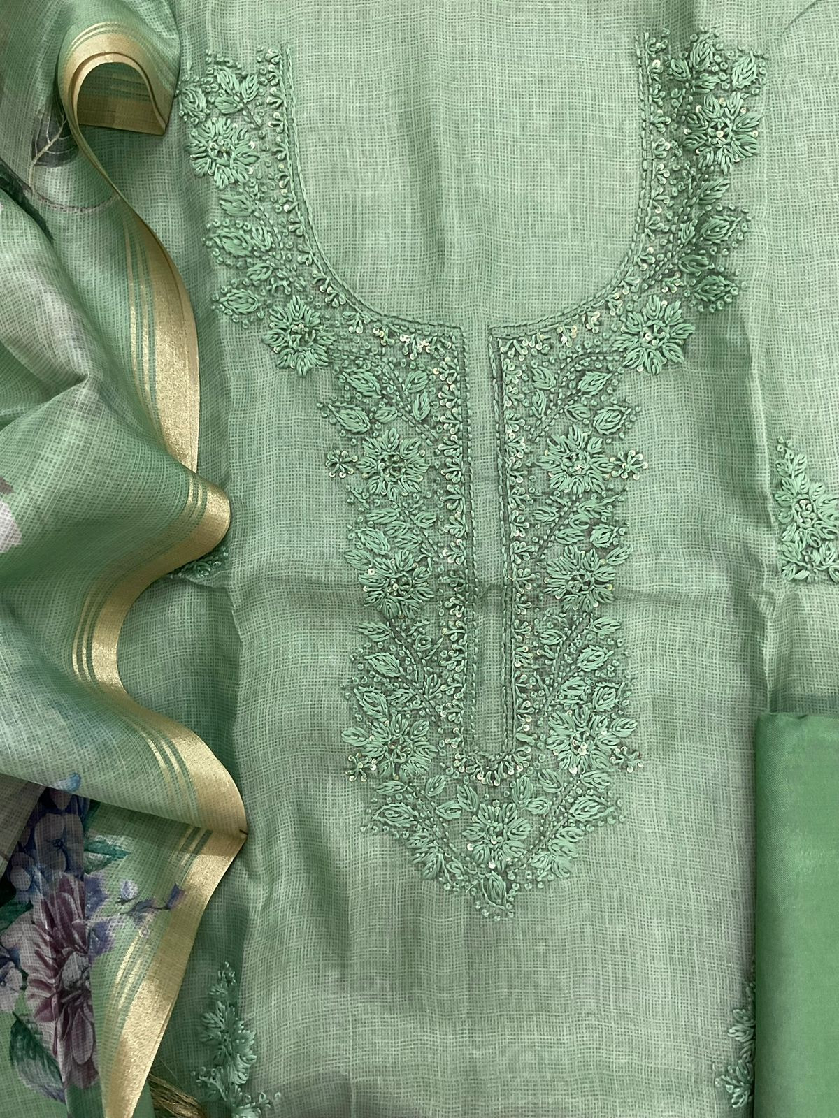 Soft Kota Silk Printed Embroidered Suit - Green