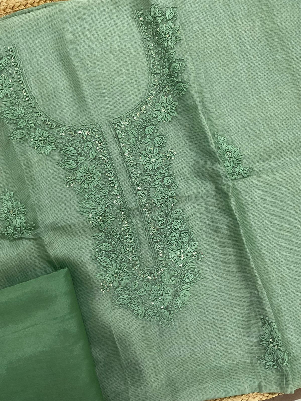 Soft Kota Silk Printed Embroidered Suit - Green