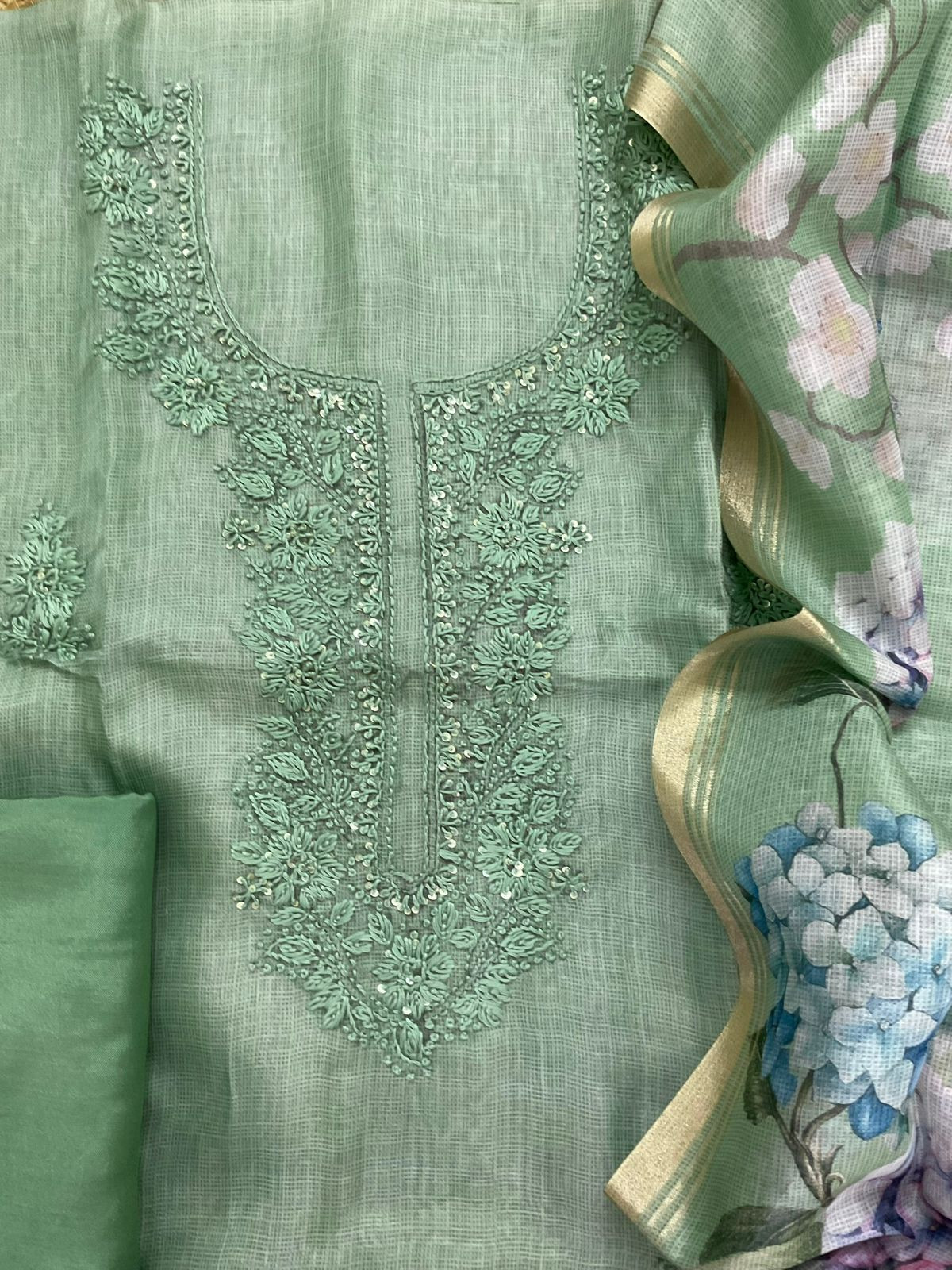 Soft Kota Silk Printed Embroidered Suit - Green
