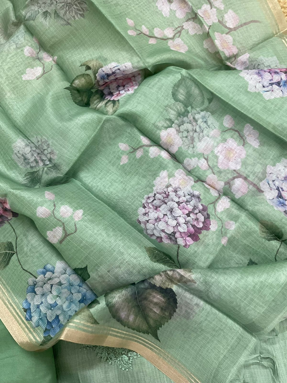 Soft Kota Silk Printed Embroidered Suit - Green