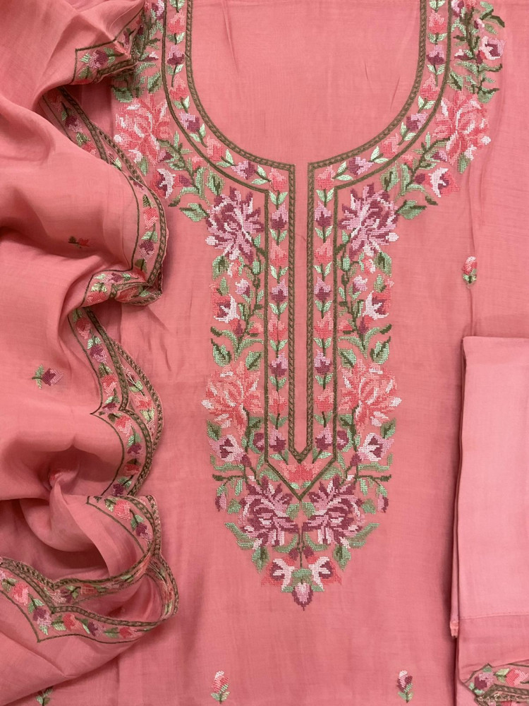 Image of Pure Muslin Embroidered Suit - Peach