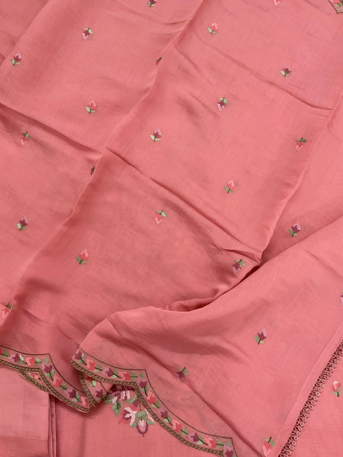 Pure Muslin Embroidered Suit - Peach