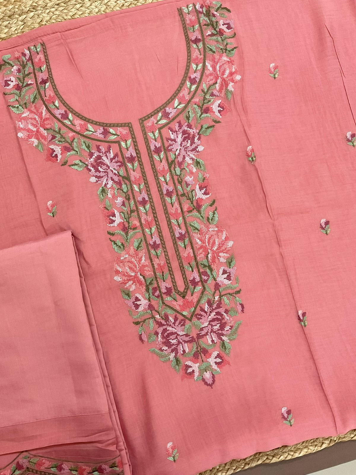 Pure Muslin Embroidered Suit - Peach