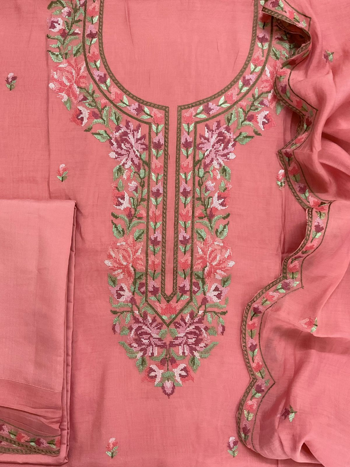 Pure Muslin Embroidered Suit - Peach