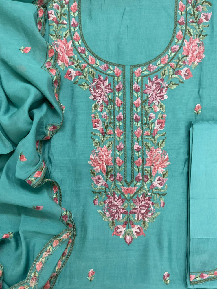 Image of Pure Muslin Embroidered Suit - Blue