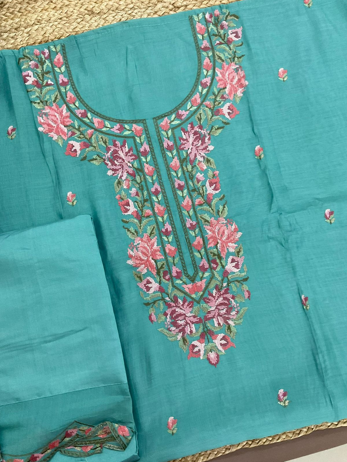Pure Muslin Embroidered Suit - Blue