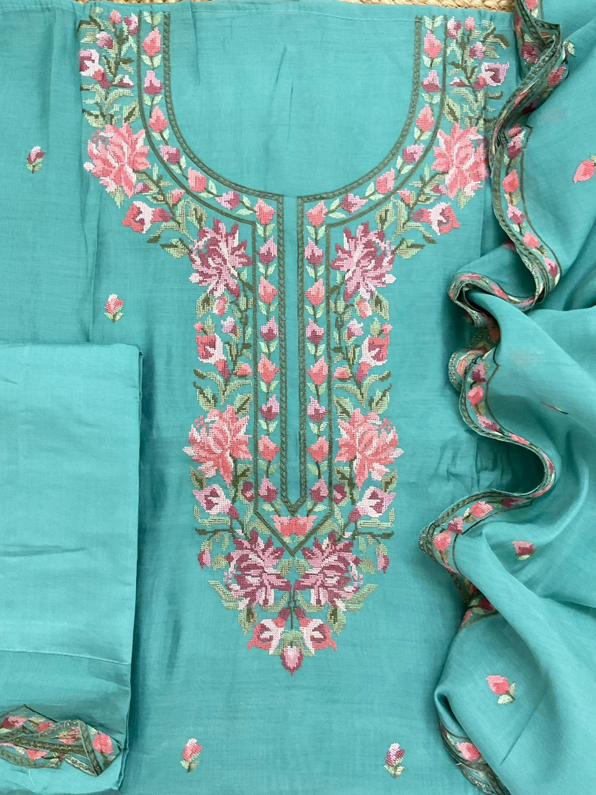 Pure Muslin Embroidered Suit - Blue