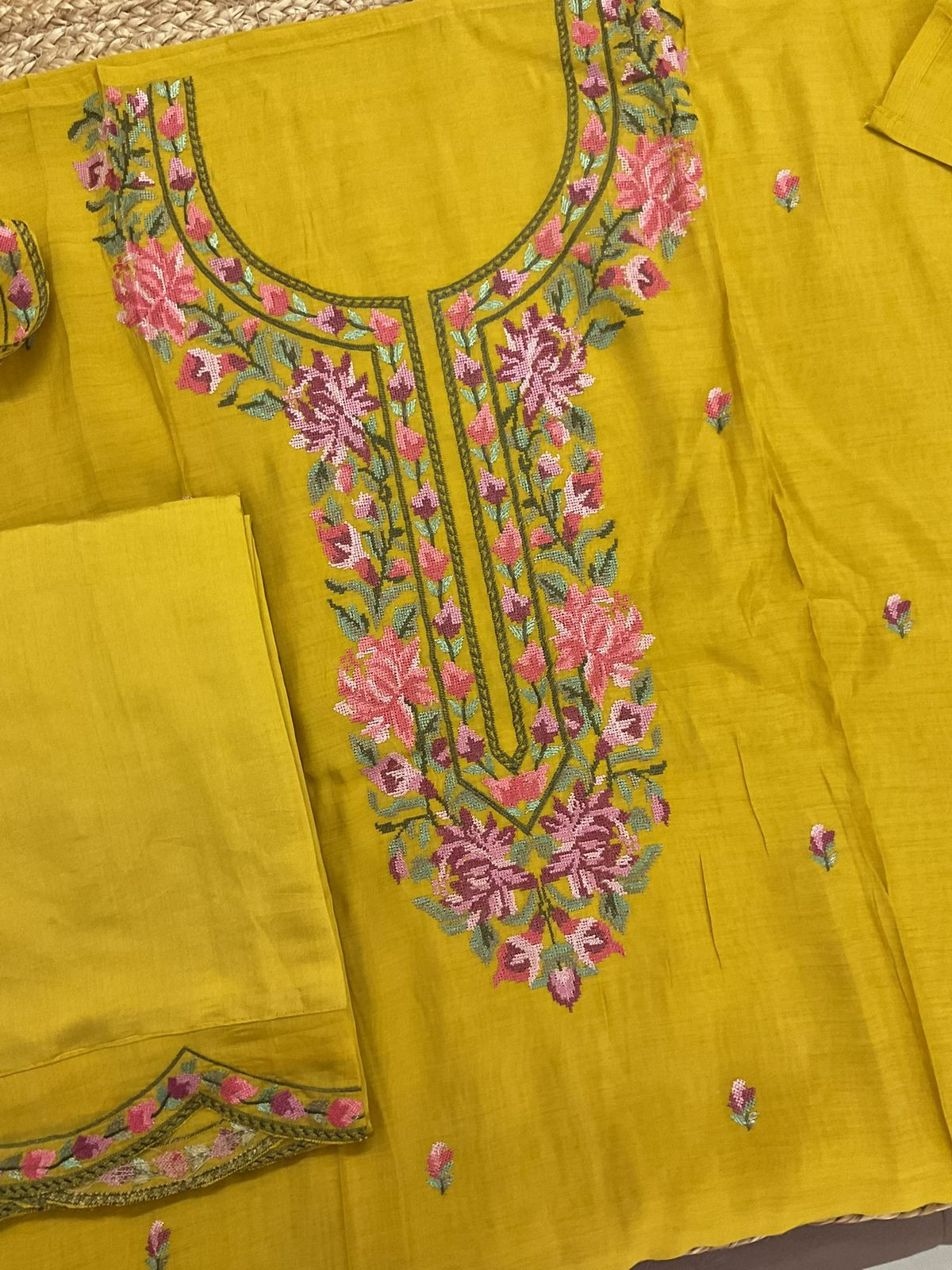 Pure Muslin Embroidered Suit - Yellow