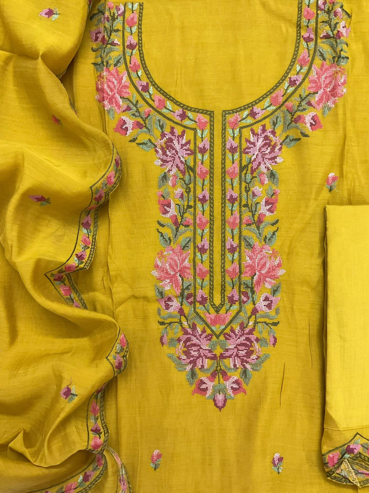 Pure Muslin Embroidered Suit - Yellow