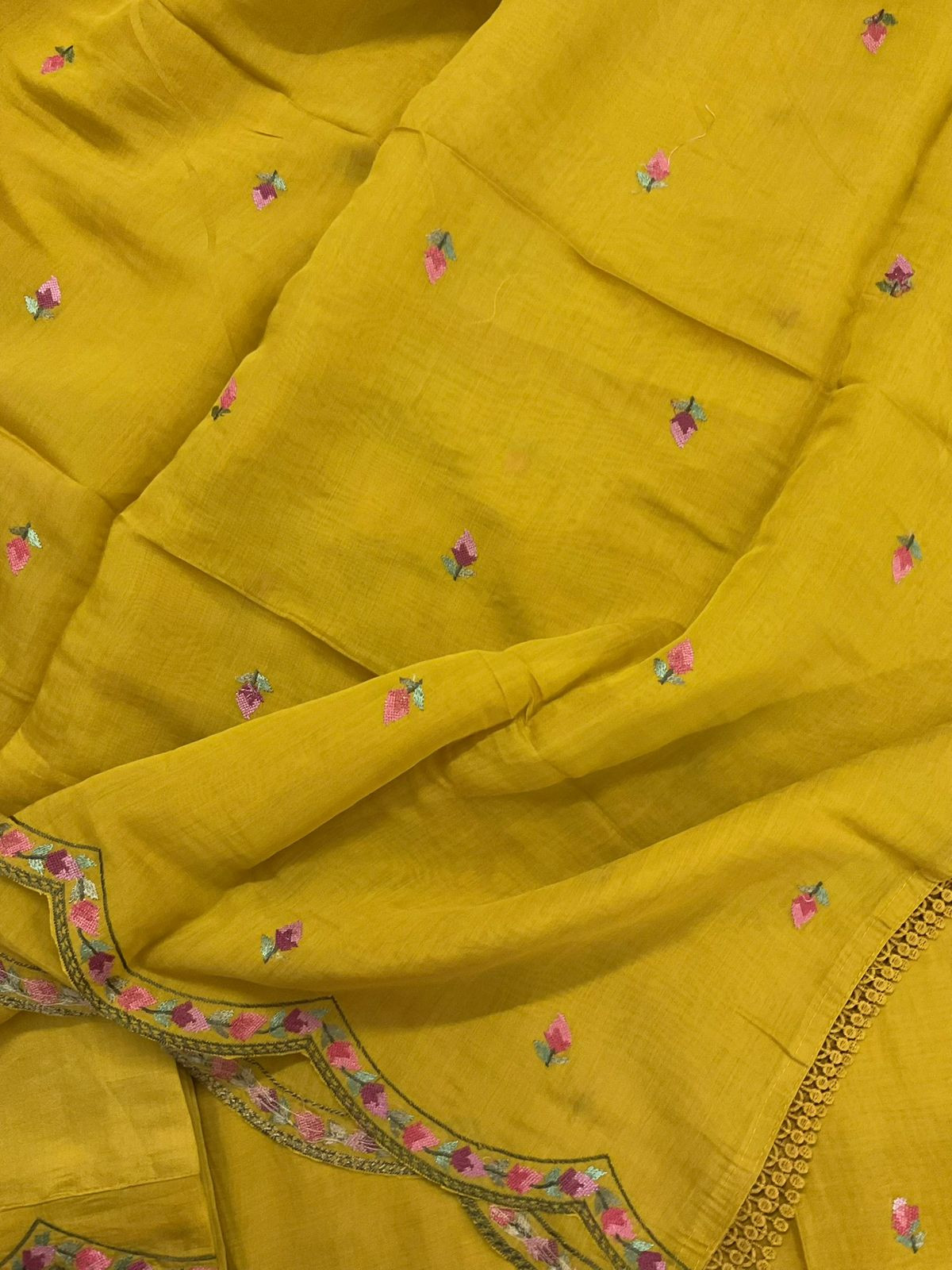 Pure Muslin Embroidered Suit - Yellow