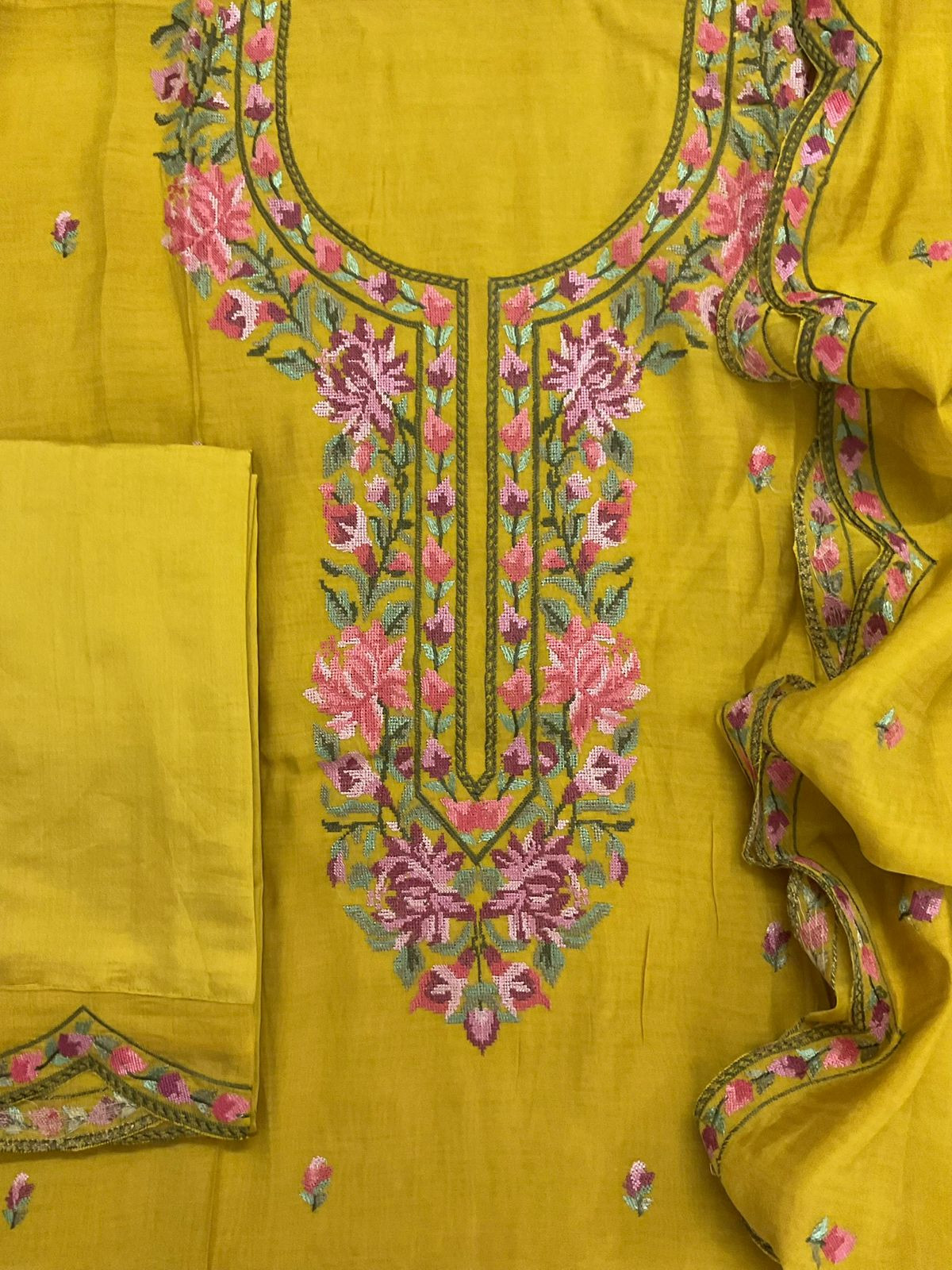 Pure Muslin Embroidered Suit - Yellow