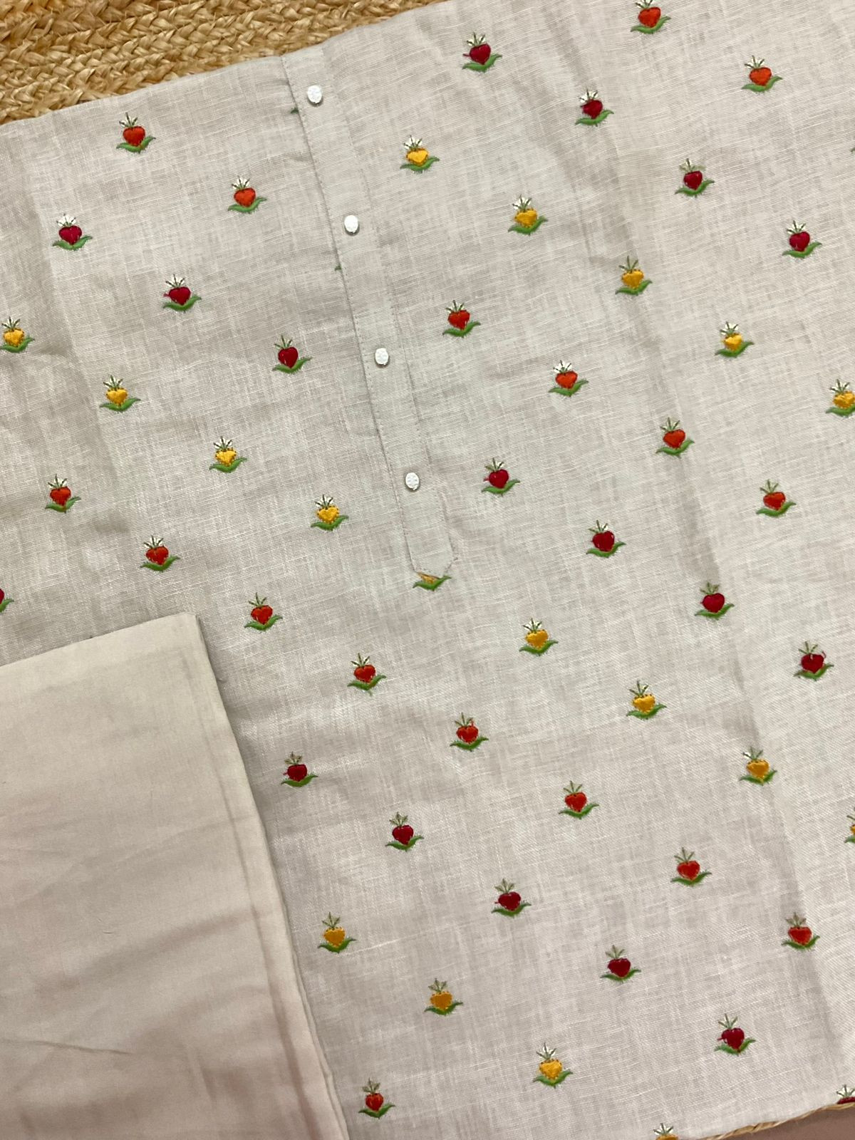 Soft Linen Jute Cotton Printed Embroidered Suit - Beige