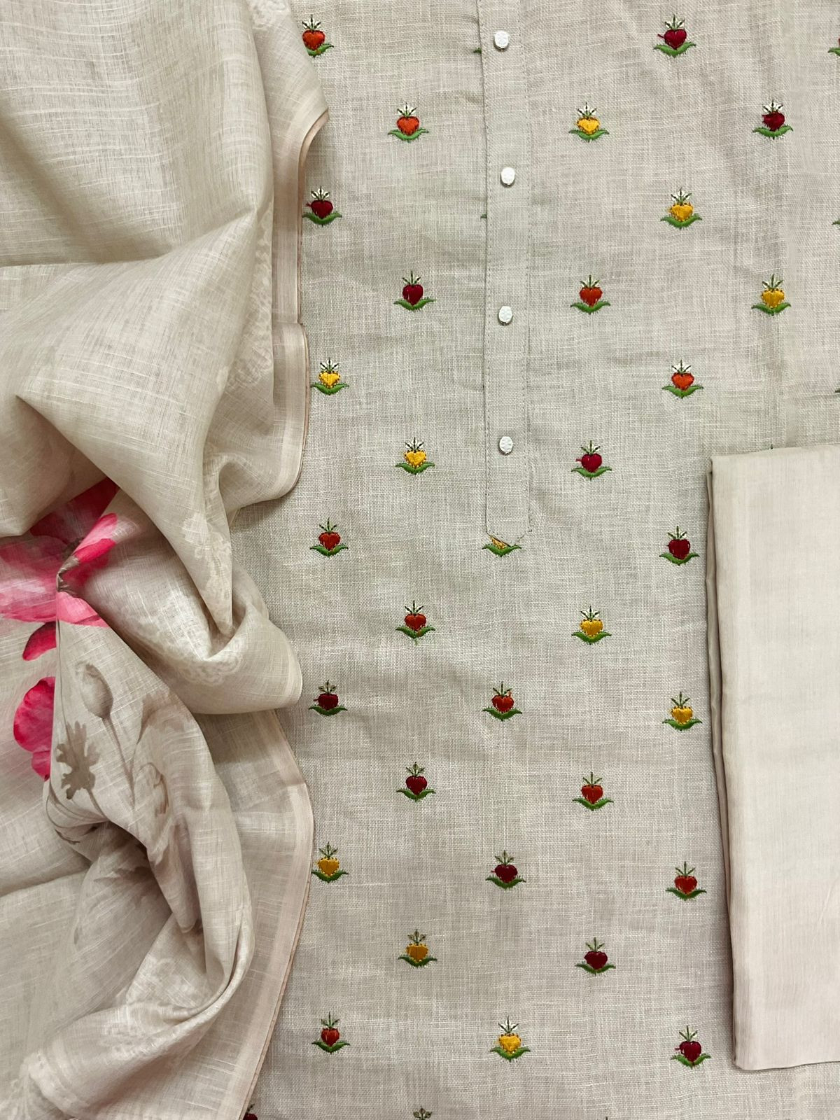 Soft Linen Jute Cotton Printed Embroidered Suit - Beige