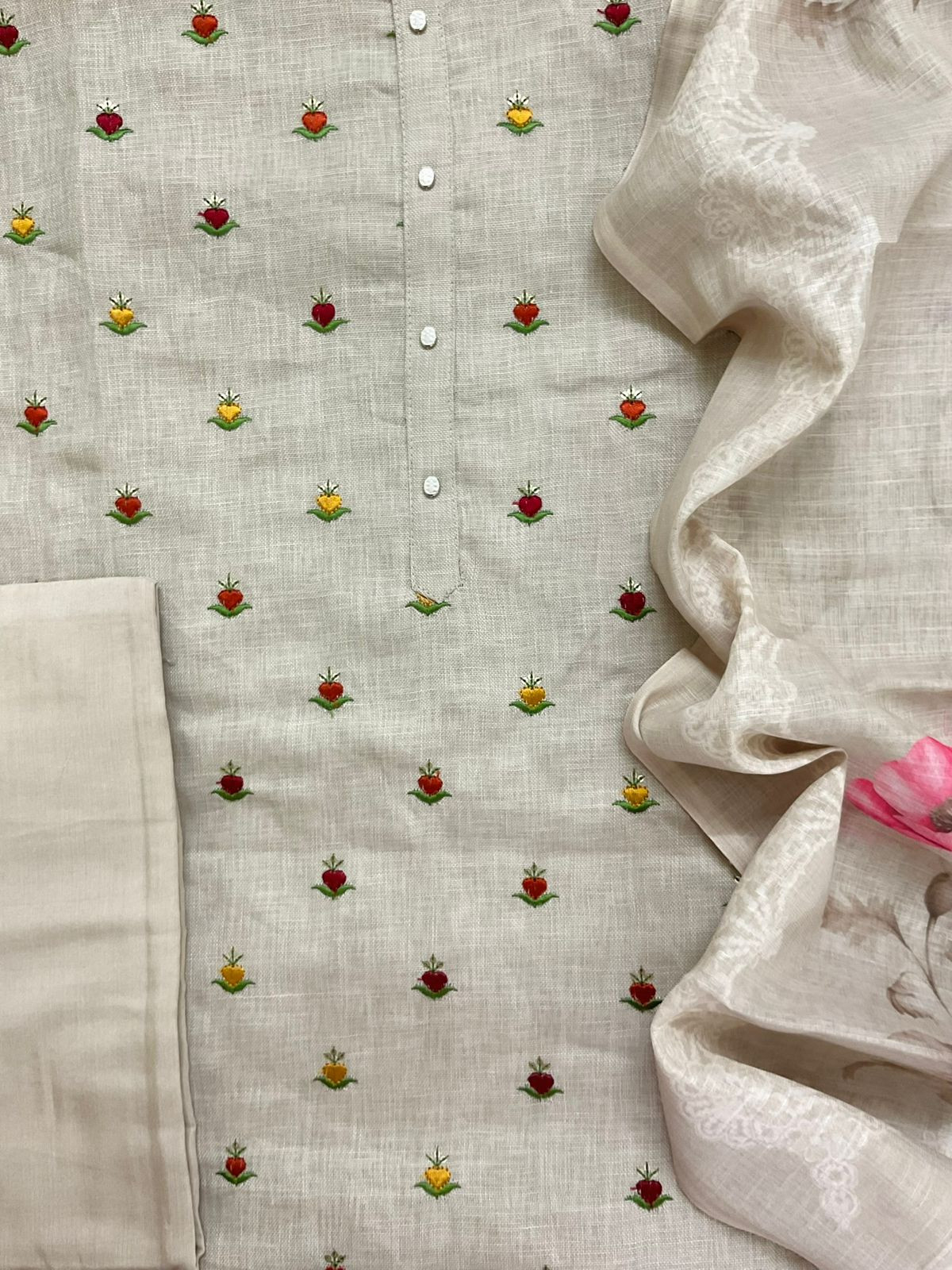 Soft Linen Jute Cotton Printed Embroidered Suit - Beige