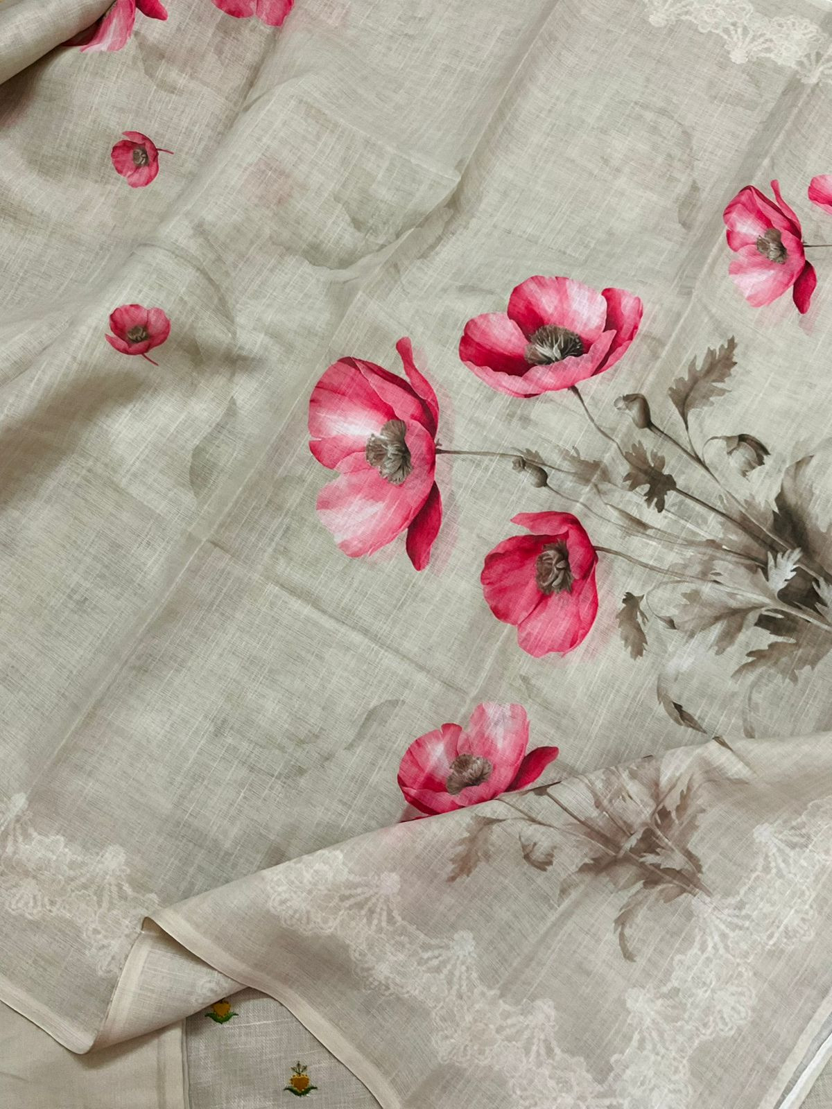 Soft Linen Jute Cotton Printed Embroidered Suit - Beige