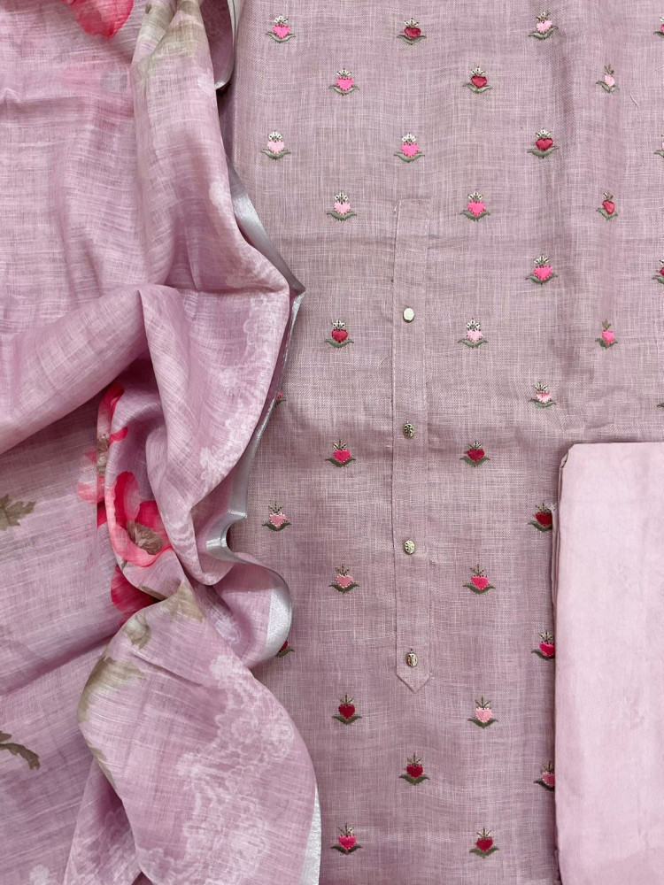 Image of Soft Linen Jute Cotton Printed Embroidered Suit - Lavender