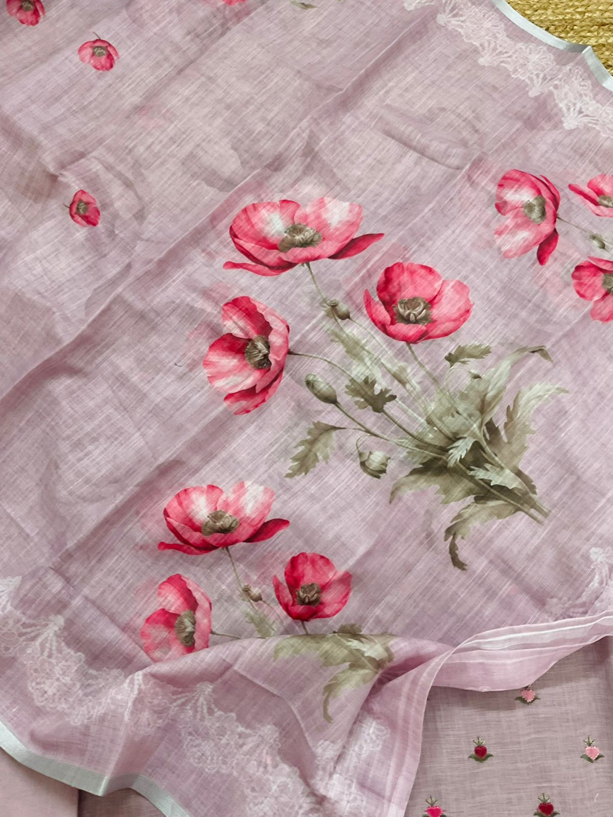 Soft Linen Jute Cotton Printed Embroidered Suit - Lavender