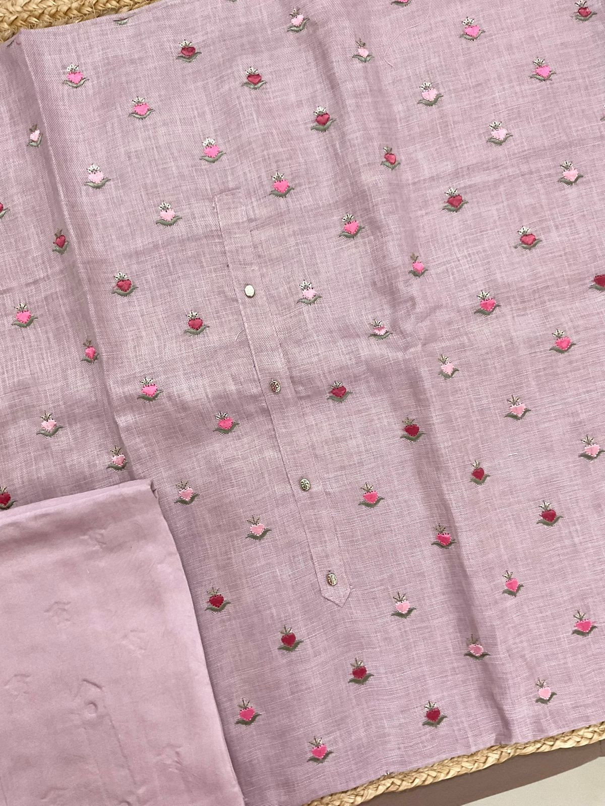 Soft Linen Jute Cotton Printed Embroidered Suit - Lavender