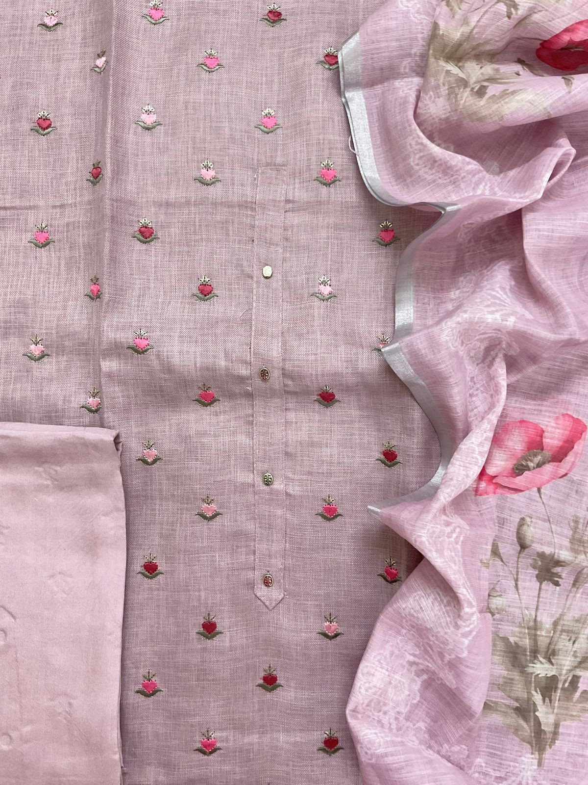 Soft Linen Jute Cotton Printed Embroidered Suit - Lavender