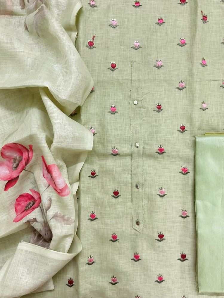 Image of Soft Linen Jute Cotton Printed Embroidered Suit - Green