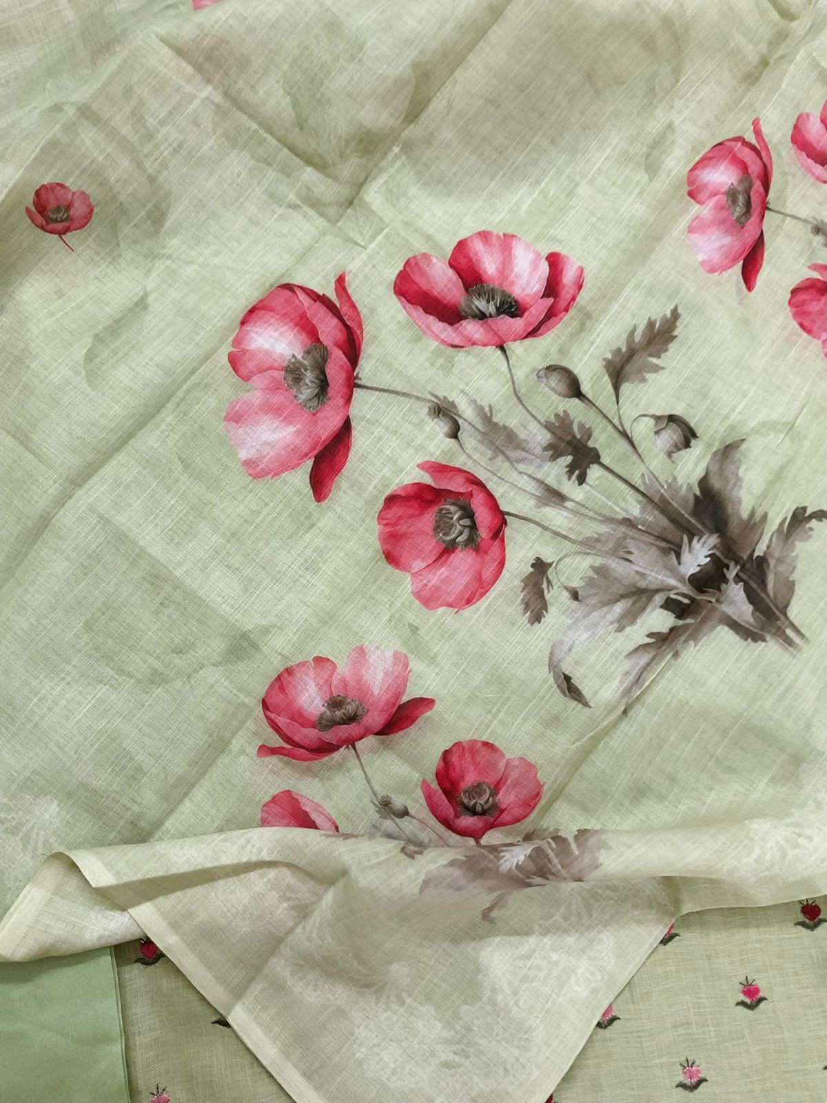 Soft Linen Jute Cotton Printed Embroidered Suit - Green