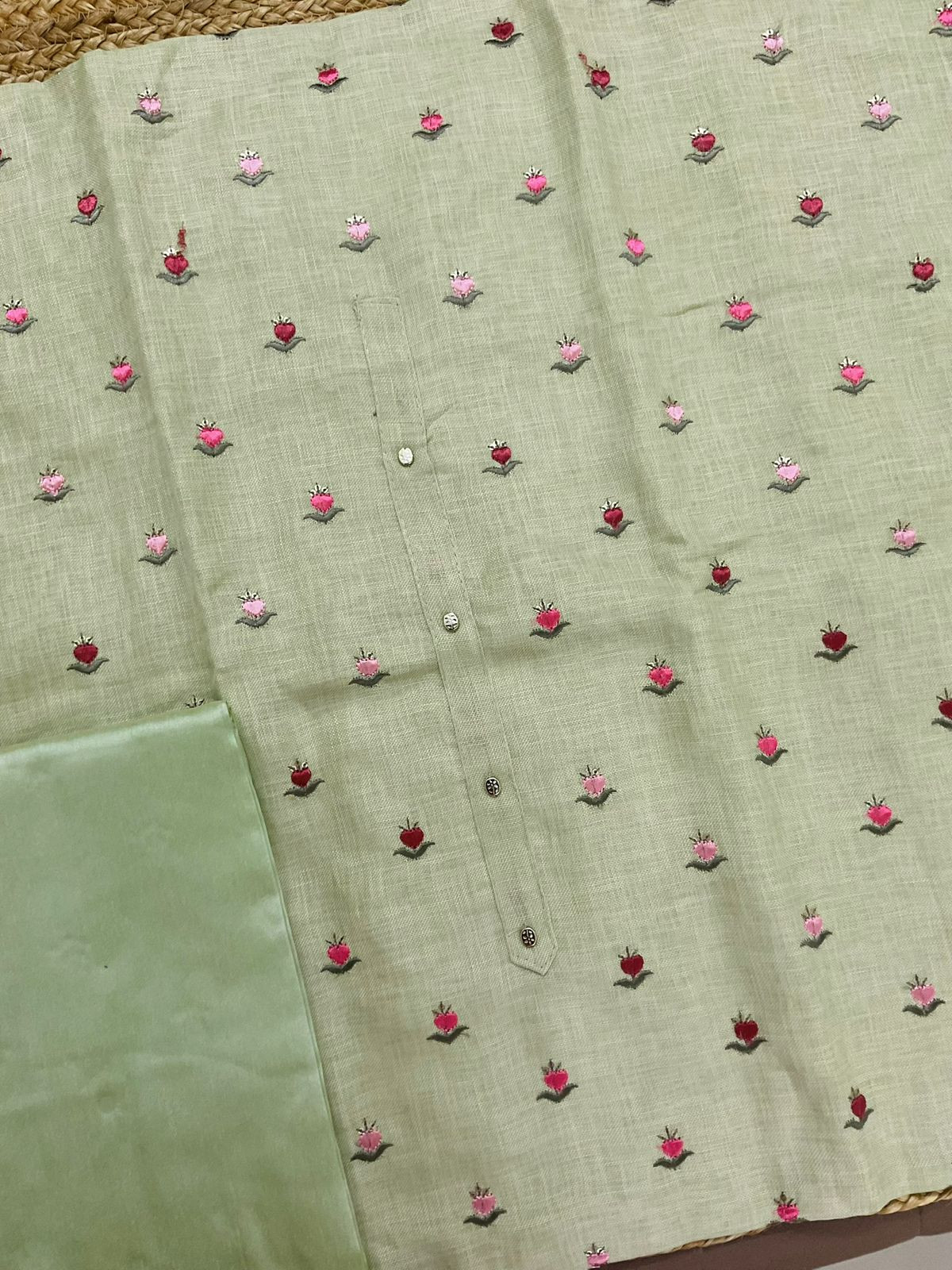 Soft Linen Jute Cotton Printed Embroidered Suit - Green