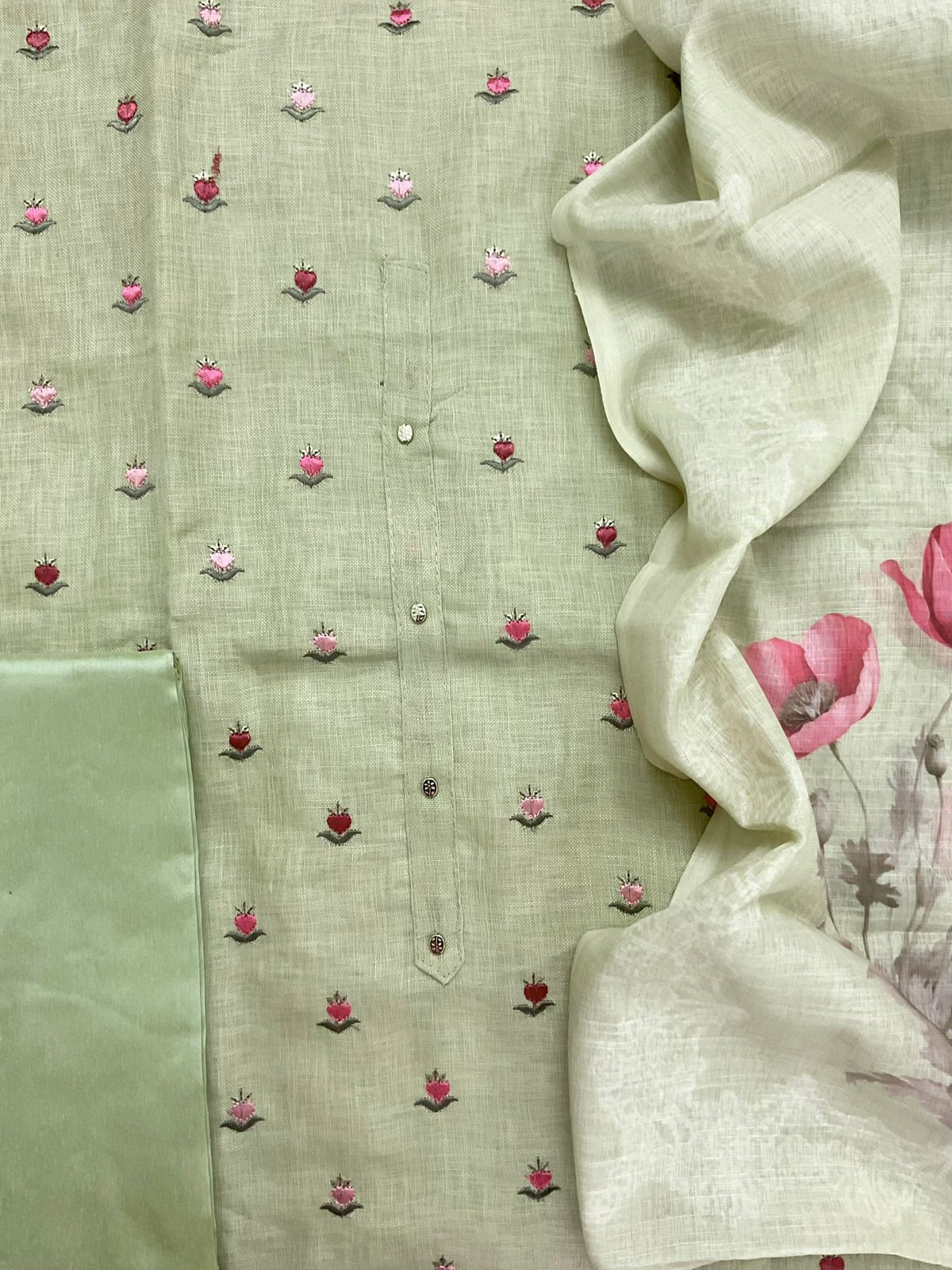 Soft Linen Jute Cotton Printed Embroidered Suit - Green