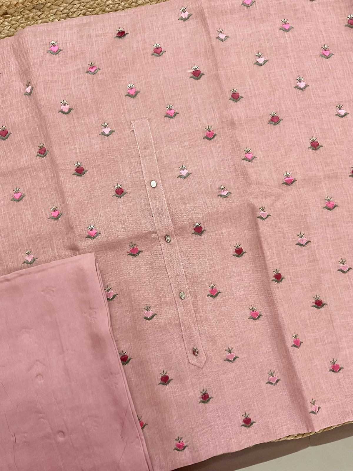 Soft Linen Jute Cotton Printed Embroidered Suit - Pink