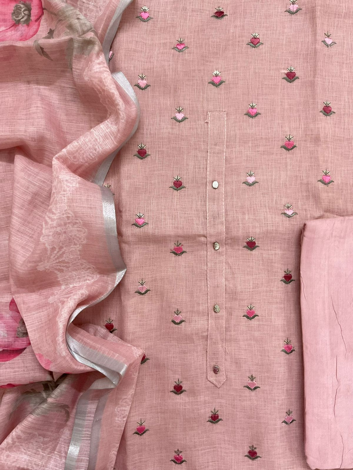 Soft Linen Jute Cotton Printed Embroidered Suit - Pink
