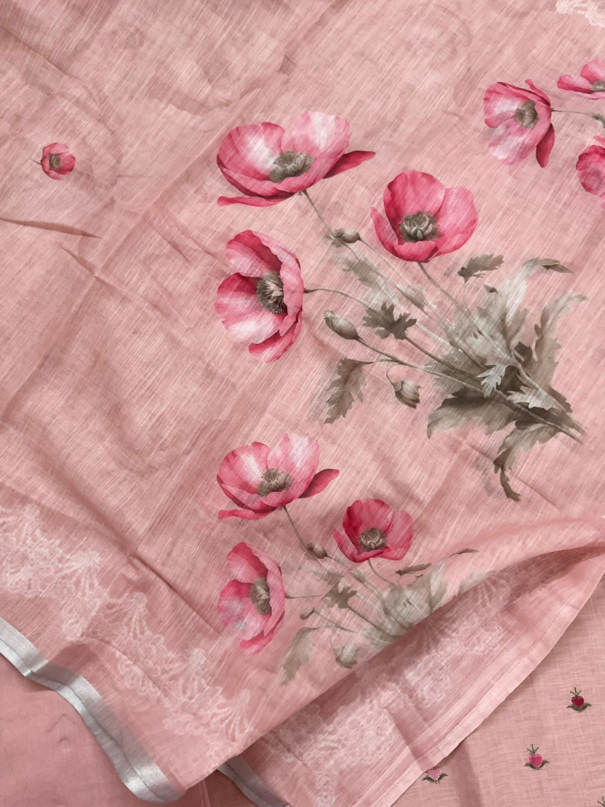 Soft Linen Jute Cotton Printed Embroidered Suit - Pink