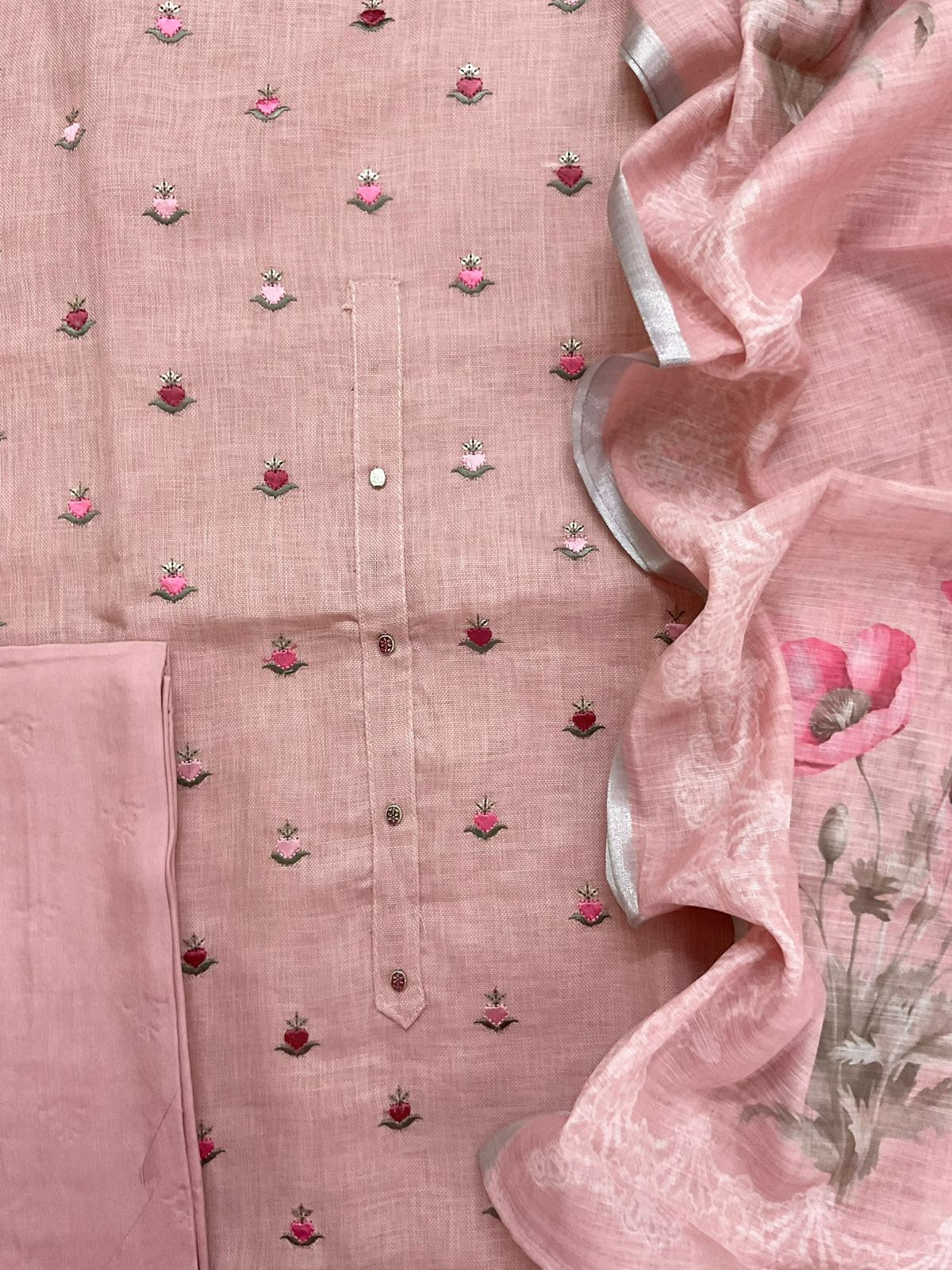 Soft Linen Jute Cotton Printed Embroidered Suit - Pink
