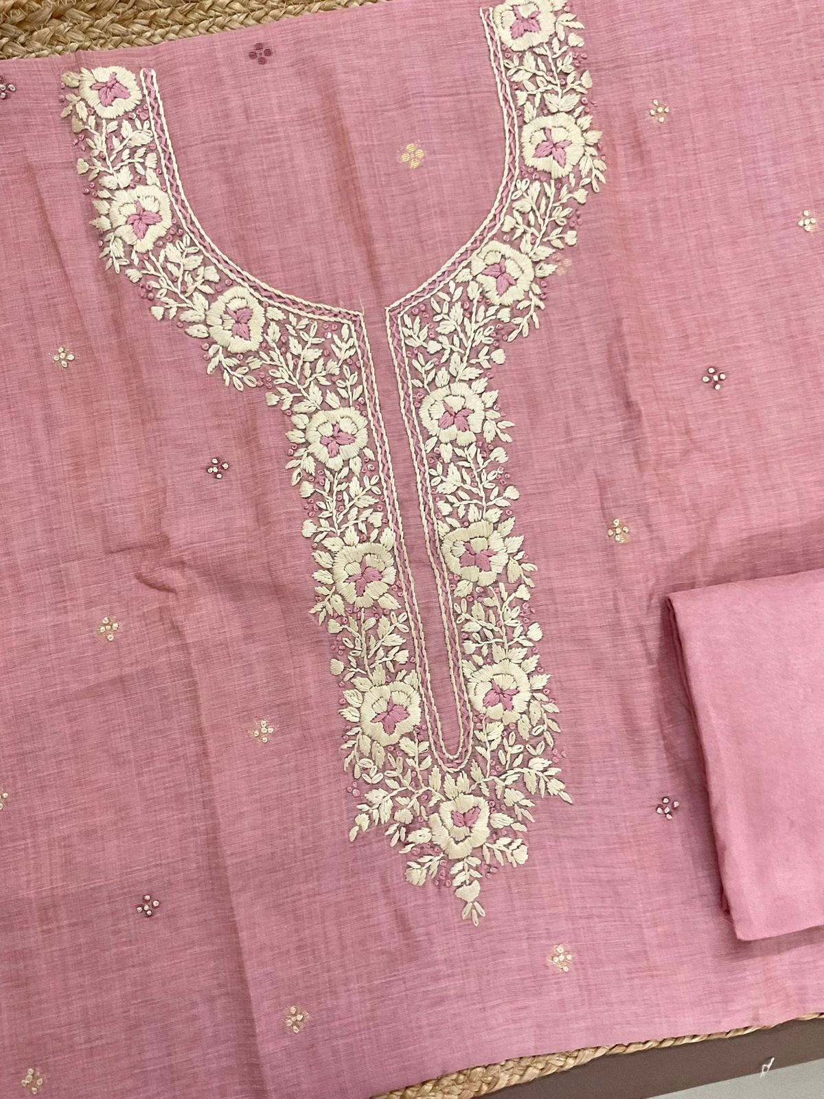 Soft Kora Chanderi Jamdani Weaved Embroidered Suit - Pink
