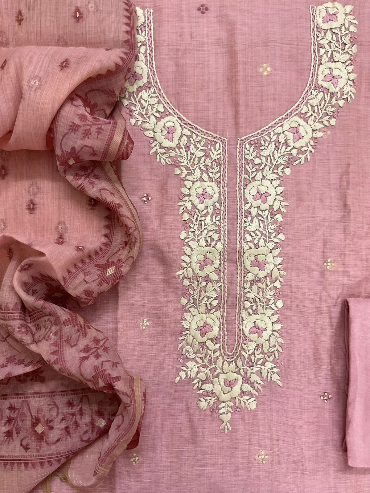 Soft Kora Chanderi Jamdani Weaved Embroidered Suit - Pink