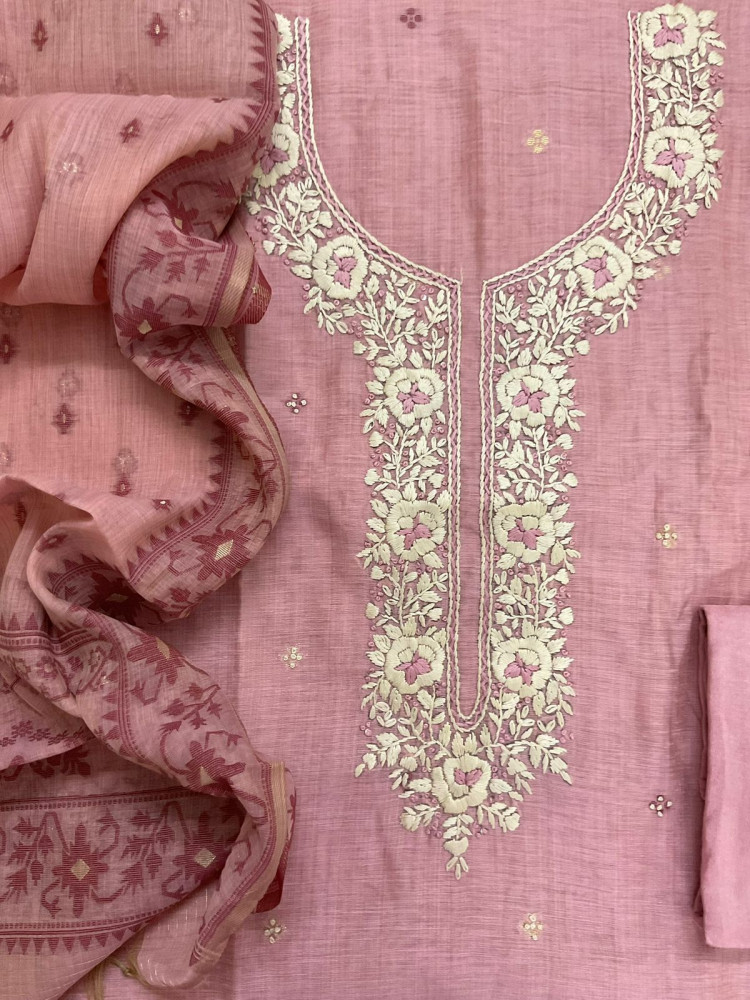 Image of Soft Kora Chanderi Jamdani Weaved Embroidered Suit - Pink