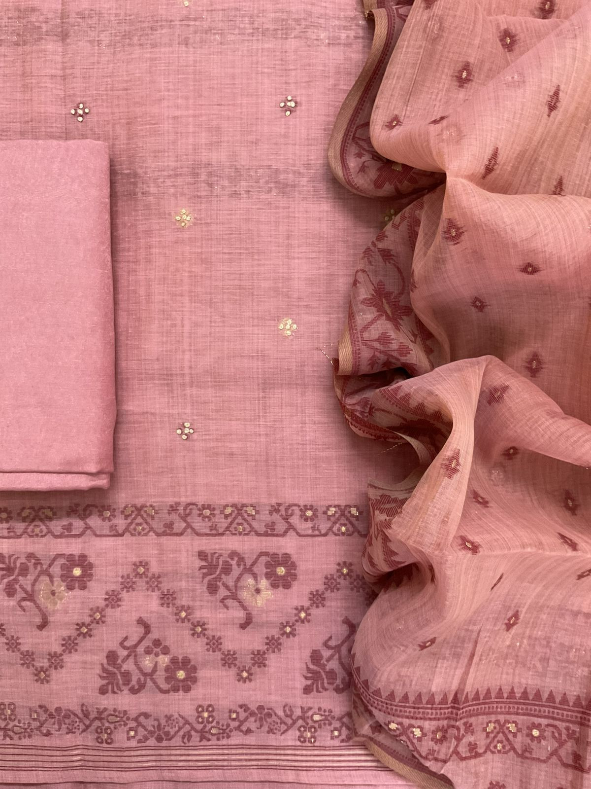 Soft Kora Chanderi Jamdani Weaved Embroidered Suit - Pink