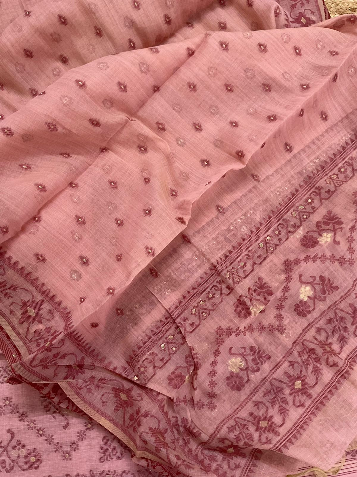 Soft Kora Chanderi Jamdani Weaved Embroidered Suit - Pink