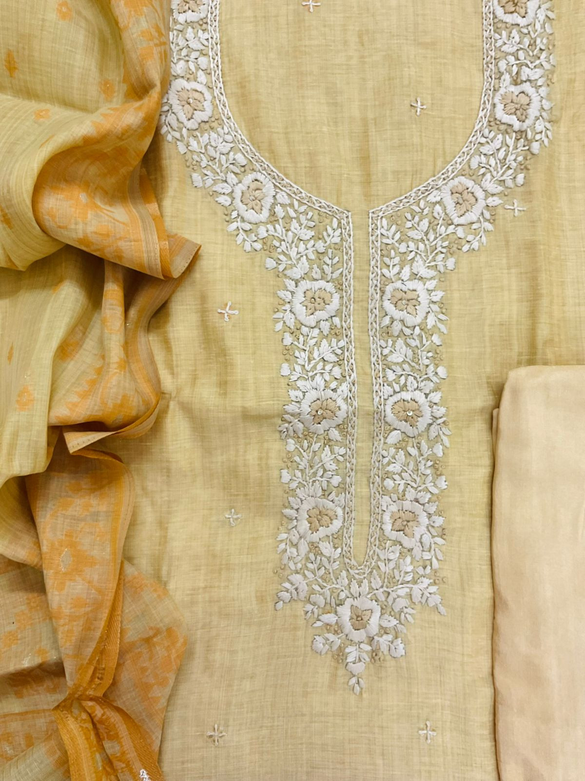 Soft Kora Chanderi Jamdani Weaved Embroidered Suit - Yellow