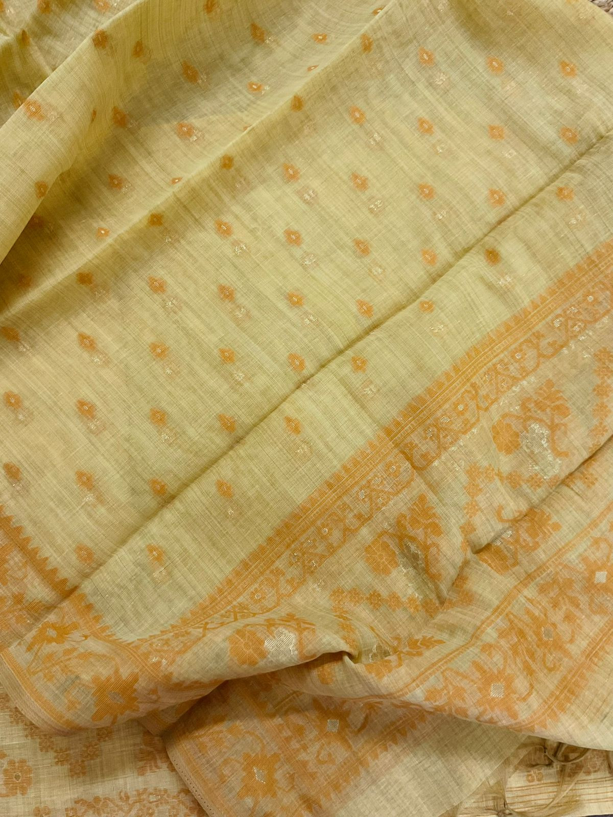 Soft Kora Chanderi Jamdani Weaved Embroidered Suit - Yellow