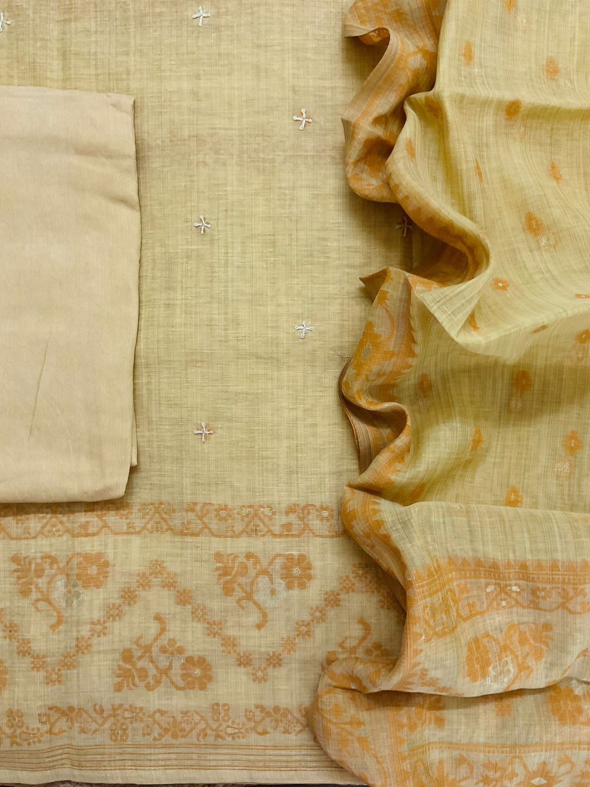 Soft Kora Chanderi Jamdani Weaved Embroidered Suit - Yellow