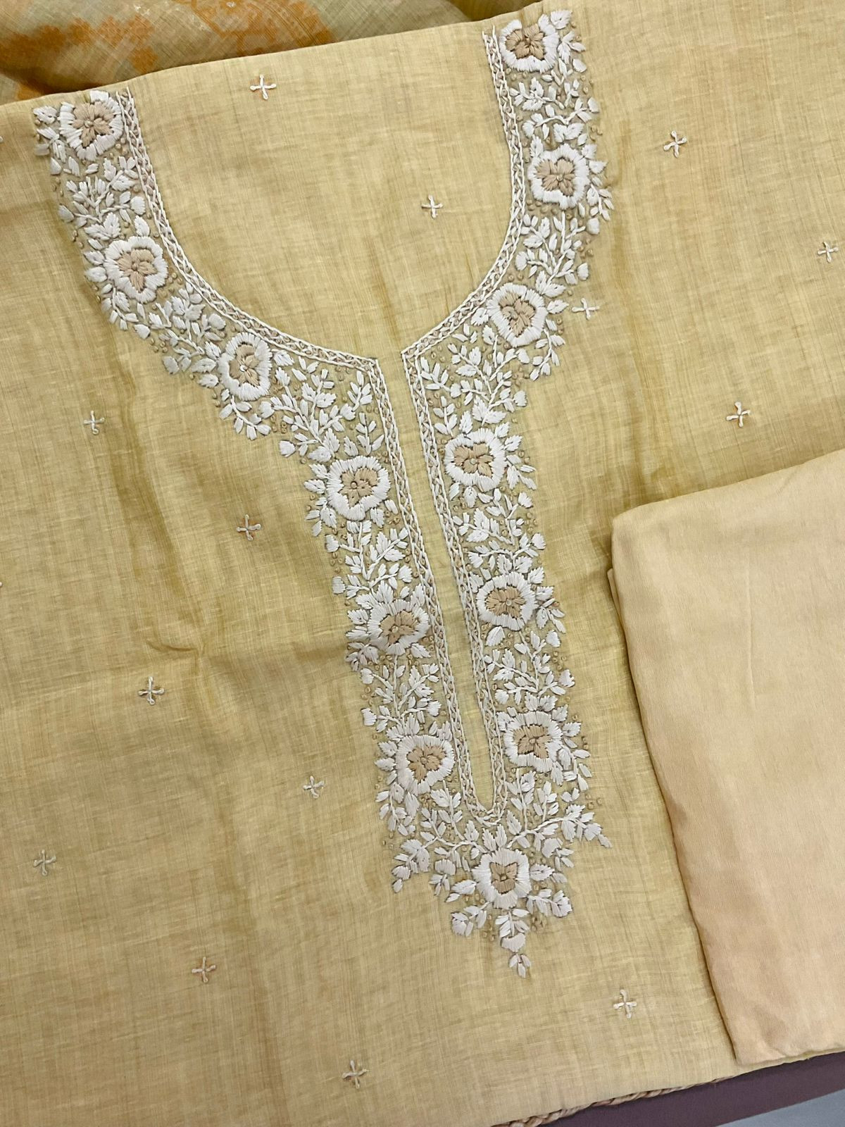 Soft Kora Chanderi Jamdani Weaved Embroidered Suit - Yellow
