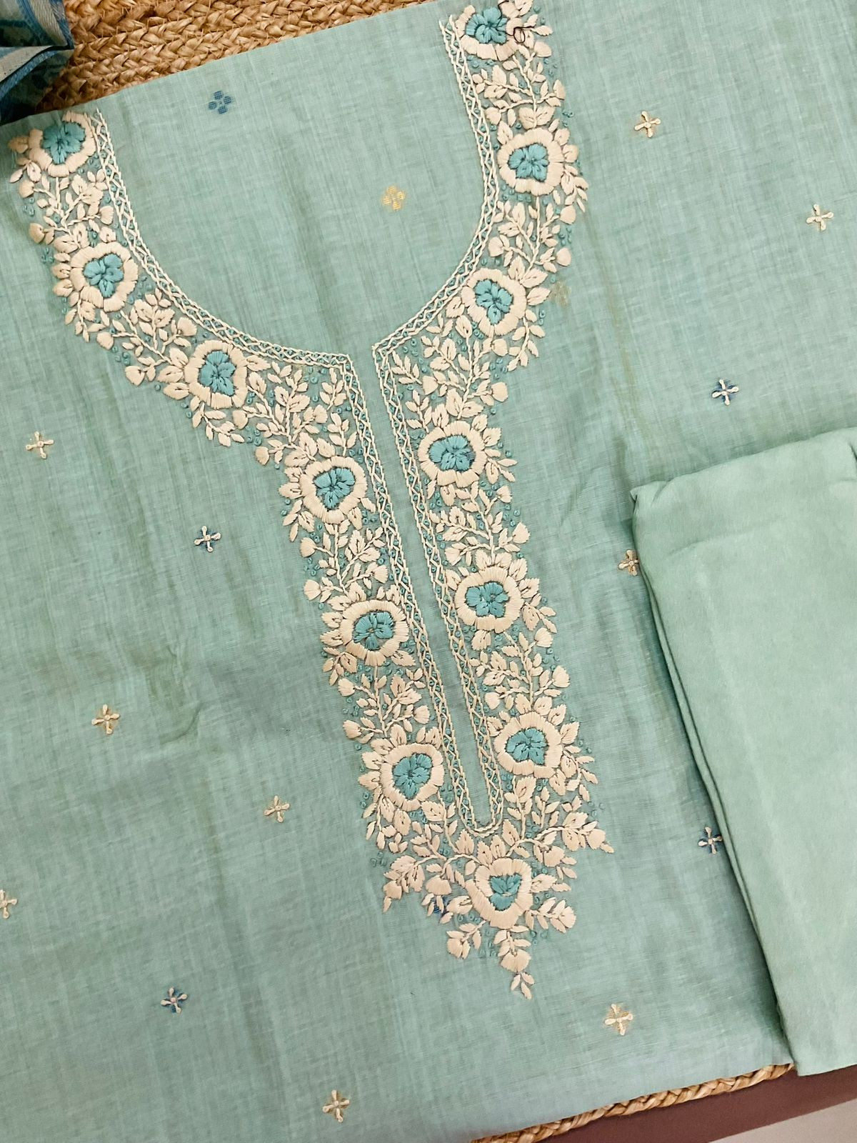 Soft Kora Chanderi Jamdani Weaved Embroidered Suit - Sea Blue