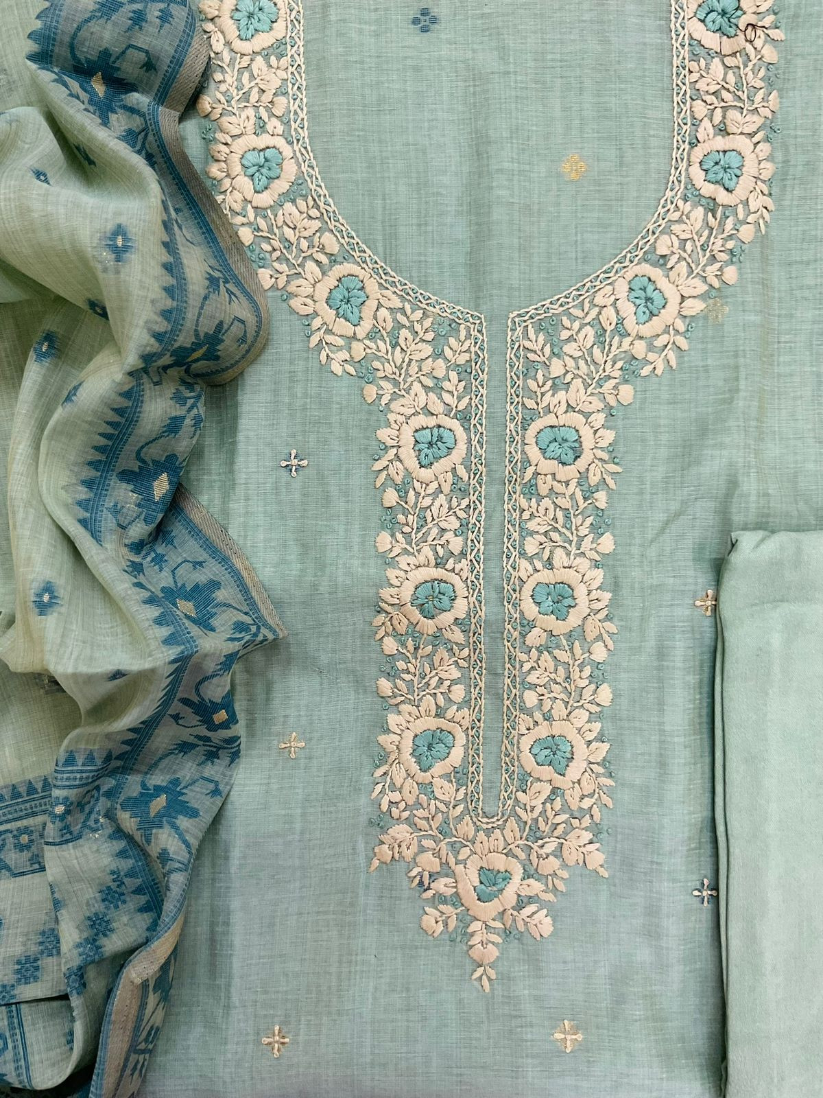 Soft Kora Chanderi Jamdani Weaved Embroidered Suit - Sea Blue