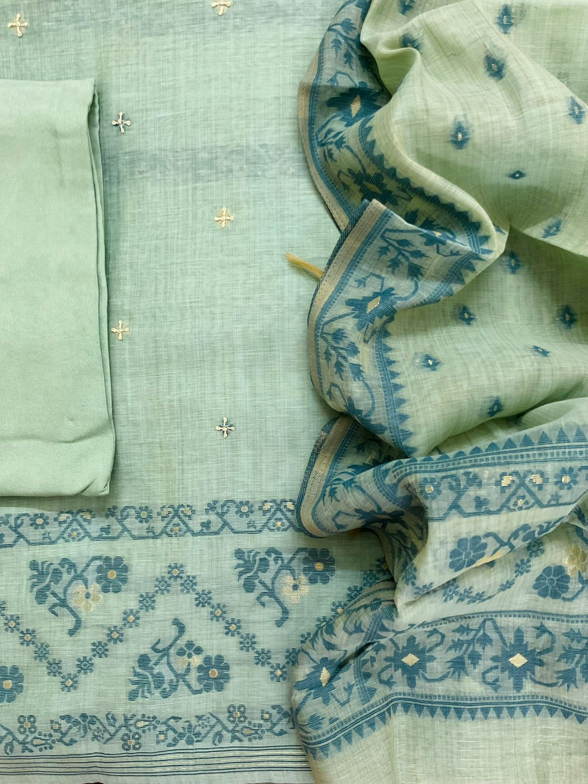 Soft Kora Chanderi Jamdani Weaved Embroidered Suit - Sea Blue